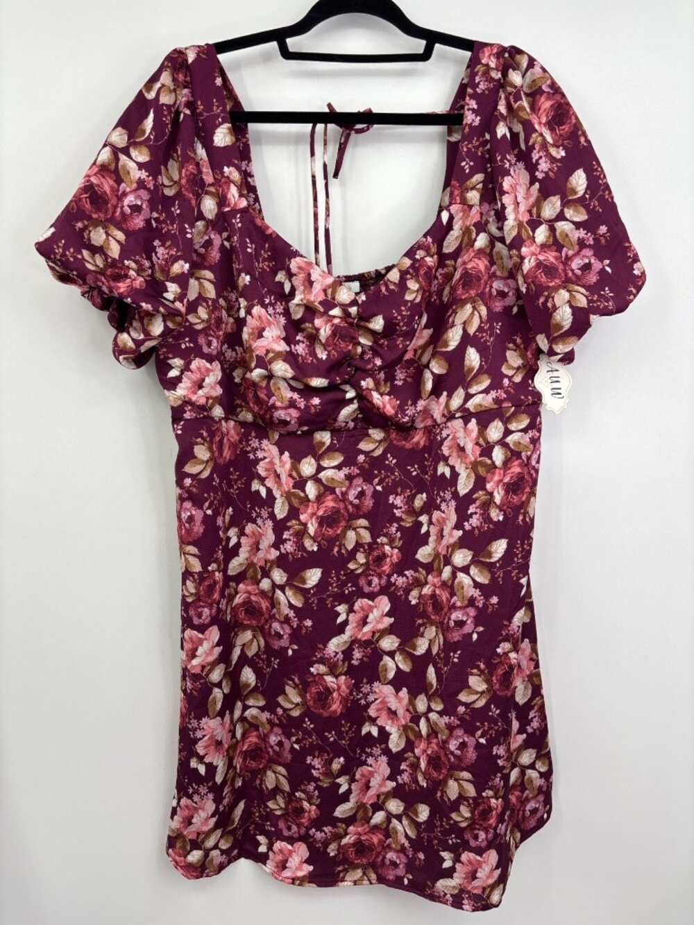 AUW Floral Puff Sleeve Milk Maid Style Short Dress Burgundy Size 3X NEW